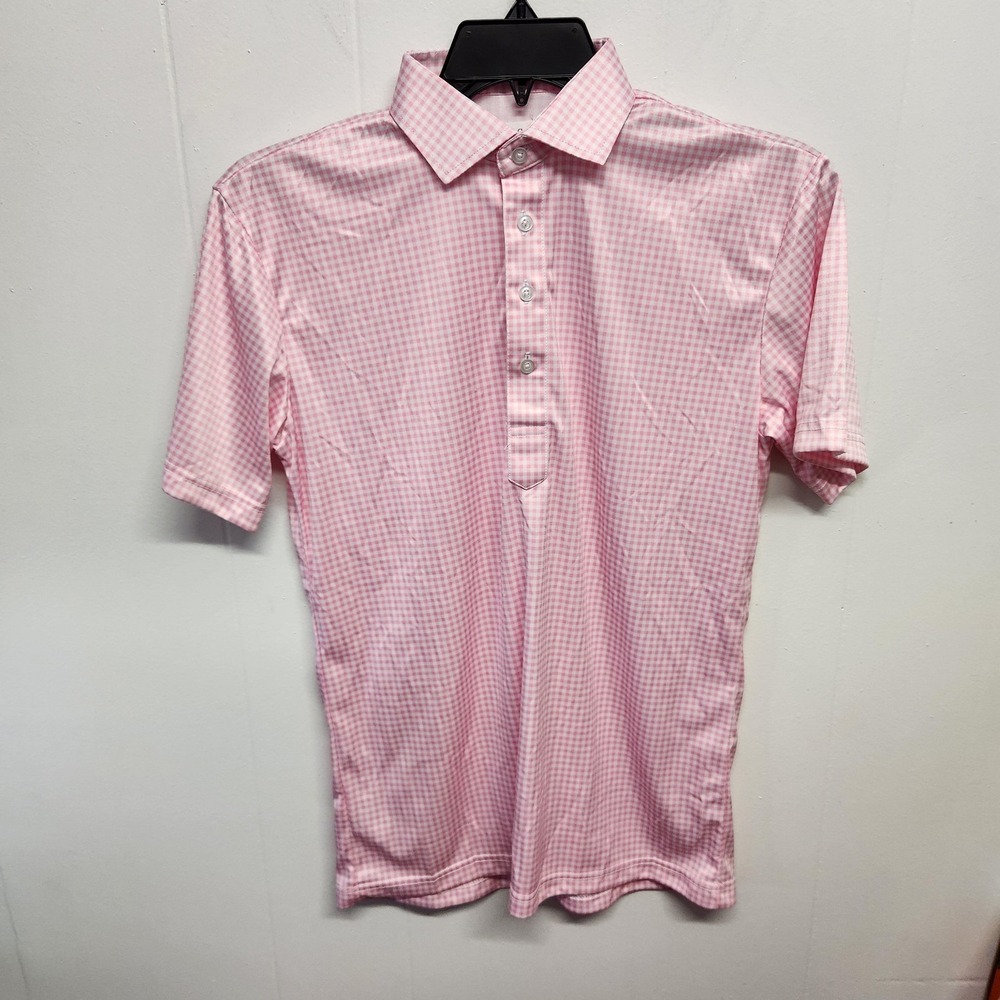 Collars & Co. Polo Shirt Mens Small Pink White Dress Collar Gingham Check Golf